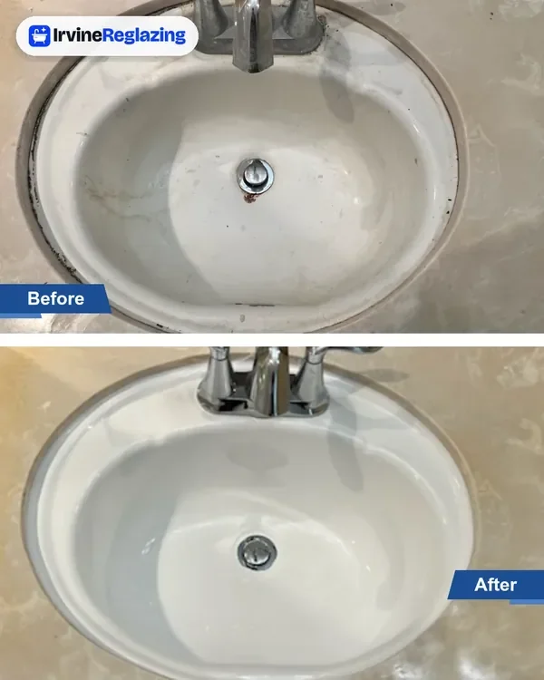 Before and after: oval vanity sink, rim rust gone