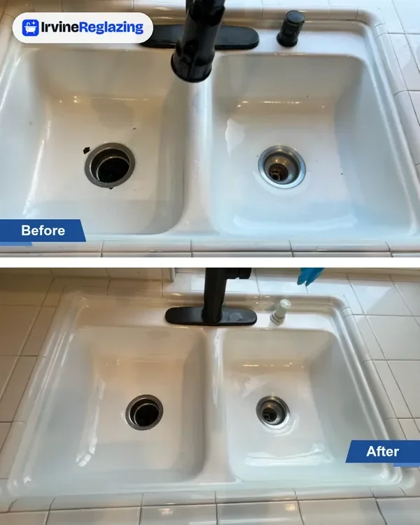 Before and after: kitchen sink, faucet masked in place