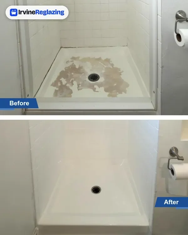 Before and after: stained fiberglass shower pan